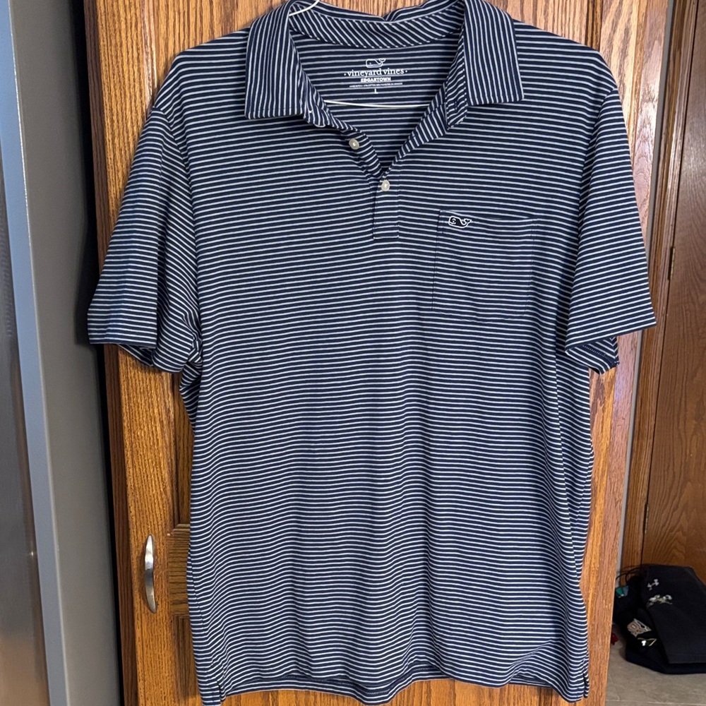 Vineyard Vines Men's Blue and Gray Striped Edgartown Polo, Like New, Large